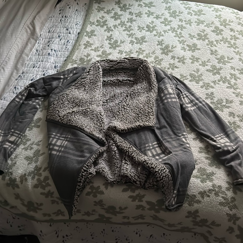 Size large grey flannel and furry coat